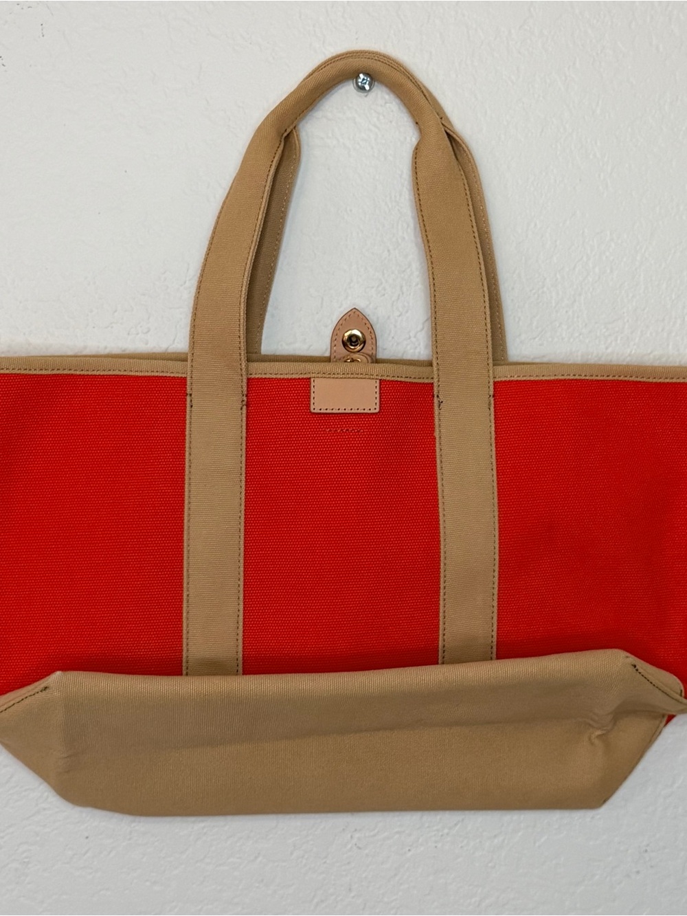 J. Crew Orange & Tan Surfside Preppy Canvas Tote Bag Snap Closure 18.5”x11”